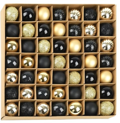 HIGA-JKL 49 Stück 3 cm Bruchsichere Weihnachtskugeln Christbaumanhänger aus Kunststoff in mit Aufhängebändern Glänzende Weihnachtsbaum Deko für Christbaumschmuck & Festivals（Gold-Schwarz）