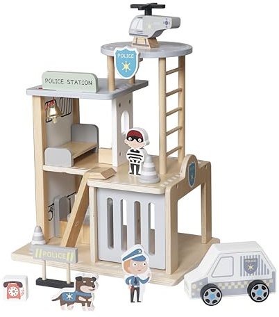 HYGRAD® Wooden Police Station Playset – 3-Level Activity Center with Police Car, Jail & Monitor Room – Role-Play Toy for Motor Skills, Ages 3+ Years