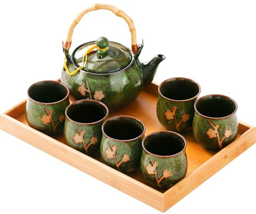 REOWONU Traditional Japanese Tea Set, Kiln Altered Glaze Porcelain Tea Set with 1 Teapot, 6 Tea Cups, 1 Tea Tray,Japanese teapot Set, Asian Tea Sets (Kiln Altered-Green)