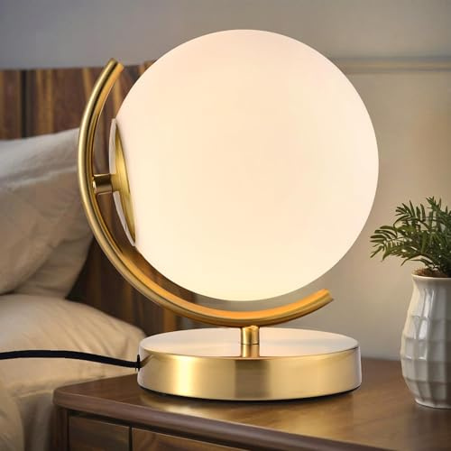 Alighting Gold Table Lamp with 7Inch Frosted Glass Shade | Globe Bedside Lamp Small Table Lamp for Bedroom, Living Room, E14(Bulb Not Included)