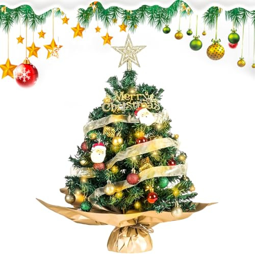 60CM Mini Weihnachtsbaum mit Beleuchtung LED, Gobesty künstlicher Weihnachtsbaum Klein mit Kugel, Tannenzapfen und Schleifen DIY Tannenbaum Künstlich Klein für Home Office Bar Esstisch Dekorationen