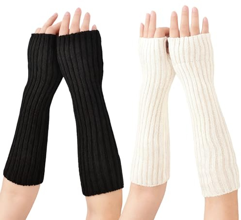 Yxelydriail 2 Pairs Women Arm Warmers, Knitted Wrist Long Sleeve Fingerless, Winter Wrist Warmers with Thumb Hole for Women Girls (Black+White)
