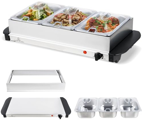 RELAX4LIFE Vassoio Riscaldante Elettrico 2 in 1, Buffet Server in Acciaio Inox con 3 Vassoi Rimovibili, Controllo Temperatura Regolabile e Manici Antiscottatura, Scaldavivande da Banco per Feste
