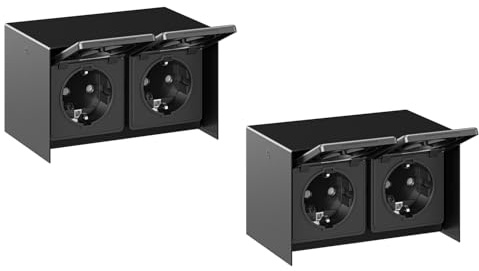 ledscom.de 2 pièces prise de courant en saillie STEDDA, IP44, acier inoxydable - prise murale résistante aux intempéries, noire, horizontale, avec 2 prises de courant pour le jardin, la terrasse et