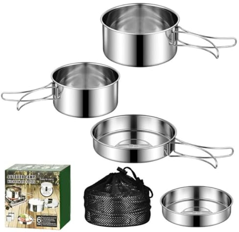 Lawnoval Juego de 4 utensilios de cocina para acampar al aire libre con asas plegables, ollas apilables de acero inoxidable y sartén, camping, senderismo y picnic, juego de cuatro piezas plateadas