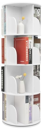 Babeenoo 4 Stöckig Drehregal Bücherregal Freistehend Holz Bookshelf 360° Weiß Rotierendes Standregal Rotating Bookshelf für Bücher, Pflanzen, Wohnzimmer, Büro Tragfähigkeit 60kg