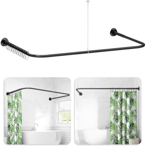 Duschvorhangstange U Form & L Form, (60-91) X (78-190) X (60-91) CM Verstellbare Duschstange U Form mit 12 Vorhangringen und Deckenstütze für Badewanne/Dusche, Bohren Erforderlich - Mattschwarz