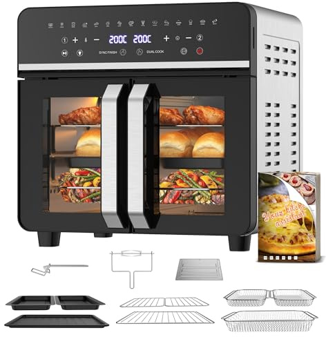 Freidora de Aire 23L XXL Mini Horno con Puertas Francesas, 2600W Air Fryer Dual Zone con Smart-Touch, Sync Finish, 15 Programas, Recetario & 13 Accesorios Inclusos, Metal