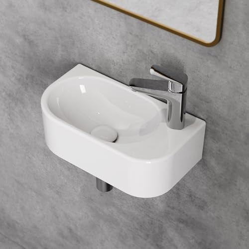 HOROW Waschbecken Eck Oval Waschtisch Wandmontage Badezimmer Gäste WC | Klein Handwaschbecken 40 cm Weiß, Keramik Aufsatzwaschbecken mit Hahnloch Rechts, ohne Überlauf