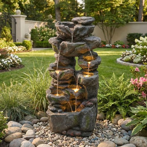 Gartenbrunnen für außen, Springbrunnen mit LED-Beleuchtung und Wasserpumpe, Wasserspiel Garten in Steinoptik, Brunnen für Garten Terrasse Balkon, grau