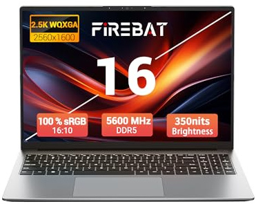 FIREBAT 16 Inch Laptop, QHD 2.5K 120Hz Display, AMD Ryzen 5 6600H, 16GB LPDDR5 RAM 512GB SSD, Student & Business Laptop,productivity,student laptop, Backlit Keyboard, Silver Grey