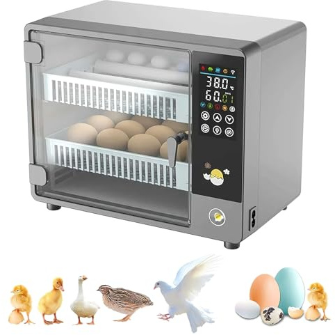Automatische Brutmaschine für 24 Eier, intelligenter Inkubator mit farbigem Touchscreen, automatische Ei-Drehung und Befeuchtung, präzise PID-Steuerung und LED-Eier-Zieleinrichtung für Hühner