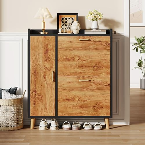 Schuhschrank mit 3 Klappen, Schuhregal Schmal mit Griffen,Schuhaufbewahrung mit Massivholzfüßen,Schuhkommode mit Verstellbaren Trennwände für Kleine Räume Wie Flur Wohnzimmer (80x96x24cm,Schwarz)