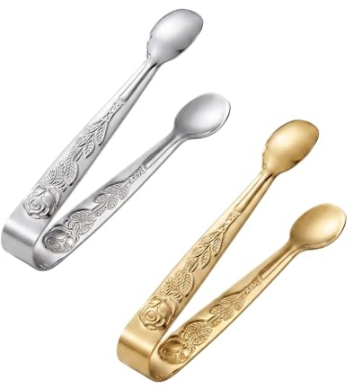 2PCS Stainless Steel Rose Sugar Cube Tongs, Mini U-Shaped Ice Tongs for Appetizers & Desserts, for Home, Outdoor BBQ, Coffee Tea Party,4 Inch(Silver & Gold)