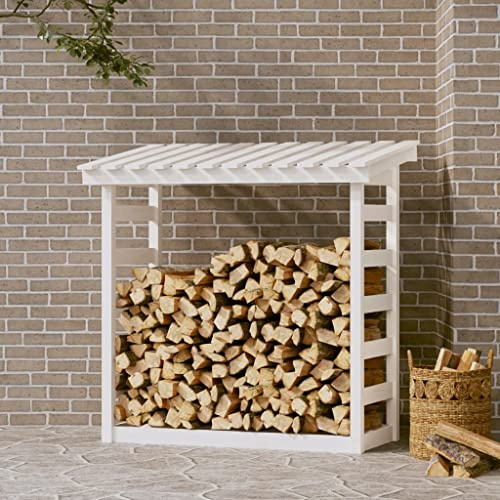 Mangloder Étagère à bûches de cheminée blanche en pin massif 108 x 64,5 x 110 cm pour bois de chauffage, panier à bûches de chauffage, support, rangement intérieur et extérieur, stocké au sec et bien