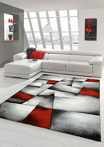Teppich-Traum Kurzflor Teppich Karo-Patchwork Rot Grau Schwarz 200x290 cm | Pflegeleicht, strapazierfähig, schmutzabweisend und allergikerfreundlich, Konturenschnitt, für Fußbodenheizung