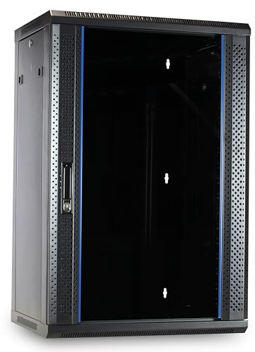 18HE nätverksskåp (serverskåp) 19 tum väggmontering – med glasdörr (B x D x H) 600 x 450 x 900 mm – svart – lastkapacitet 60 kg