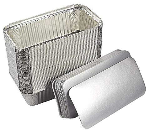 Juvale 50 Pack Aluminum Foil 2 lb Disposable Loaf Pans With Lids for Baking Bread, Heating, Storing Food (32oz, 8.5 x 4.5 In)
