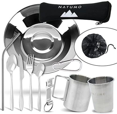 NATUMO® – Outdoor Camping Besteck & Geschirr Set, Outdoor Geschirr Edelstahl, 10-teiliges Trekking + Camping Besteckset 1 Person, rostfrei
