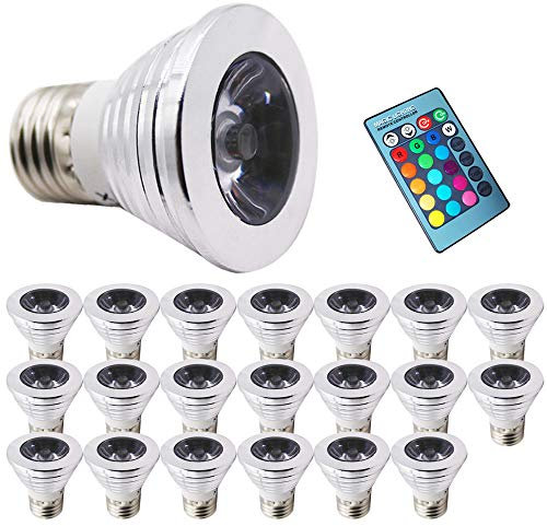 Juego de 20 bombillas LED RGB E27 con mando a distancia por infrarrojos, 3 W, 180 lúmenes, 1800 K, blanco cálido, equivalente a bombillas halógenas de 25 W, ángulo de haz de 60°.