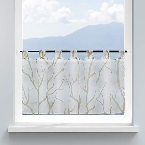 HongYa Scheibengardine Küche Voile Bistrogardine mit Schlaufen Transparente Gardine für Kleinfenster Äste Muster H/B 45/90 cm Weiß Sand