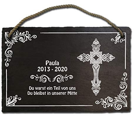 elbedruck Schiefertafel Grabplatte Gedenkstein Grabstein mit Kreuz, ca. 20x30cm graviert mit Wunschtext und Name, auch möglich als Klingelschild Türschild, Motiv C (mit Borhrlöcher)