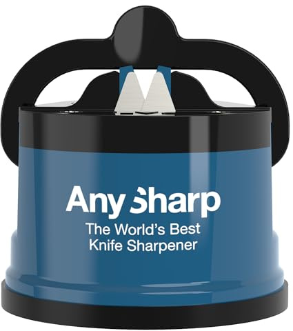 AnySharp Aiguiseur de Couteaux, Sécurité Mains Libres, Ventouse PowerGrip, Aiguise en Toute Sécurité Tous les Couteaux de Cuisine, Idéal pour l'Acier Trempé & Dentelé | Le Meilleur au Monde | Bleu