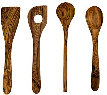 Benera Juego de utensilios de cocina de auténtica madera de olivo, 4 piezas, compuesto por dos cucharas de cocina diferentes, una cuchara de risotol y una espátula