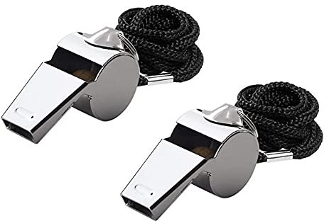 Lot de 2 sifflet, sifflet en Acier Inoxydable avec Cordon, sifflet de Survie sonores forts Parfaits pour Les entraîneurs, Les arbitres et Les Officiels. Basket-Ball, Football, Hockey.