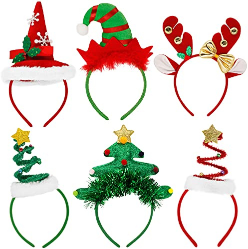Yiezio Fasce natalizie per capelli, 6 pezzi, flessibilità per adattarsi, per albero di Natale con campane, corna di renna, cappello per albero di Natale, per Natale e feste