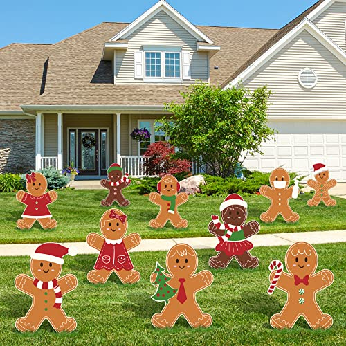 AnyDesign 10Pcs Large Christmas Yard Sign with Stakes Gingerbread man Lawn Sign Colorful Lawn Patio Yard Decorations for Holiday Party Home Lawn Pathway Walkway Decorations Supplies, 10 Designs