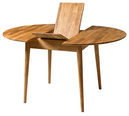 Nordic Story Esstisch Scandi 5 (rund, ausziehbar) • Tisch für Küche, Esszimmer & Wohnzimmer • Massivholz (Eiche) • Eiche Natur • Runder Ausziehtisch (110-145 x 110 x 75 cm)