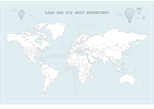LANA KK - Weltkarte für Kinder zum ausmalen – Leinwandbild als Pinnwand, auf 2 cm Echtholz-Keilrahmen gespannt, natürliche Baumwoll-Leinwand,hellblau Erde, Welt, Globus in 100 x 70 cm