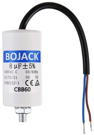 BOJACK 8uF 450V Condensateur Demarrage Moteur 34x63mm Condensateur de Travail pour Moteur avec fil de taille M8 avec écrou Compatible avec la plupart des moteurs.
