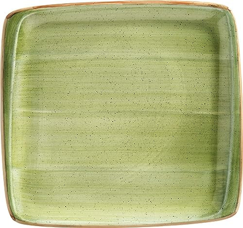 Juego de 6 platos llanos de porcelana rectangulares, color verde crema, Bonna Aura Therapy Moove 32 x 30 cm, protección de bordes