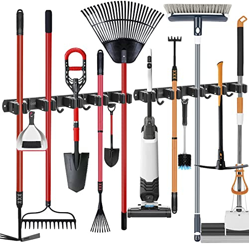 ibell 2 Stück Besenhalterung Wand, 10 Halter + 8 Haken Schwarz Gerätehalter Edelstahl Wandhaken Selbstklebend, Besen Wandhalterung Gartengerätehalter mit Schrauben, Werkzeughalter für Garten Garage