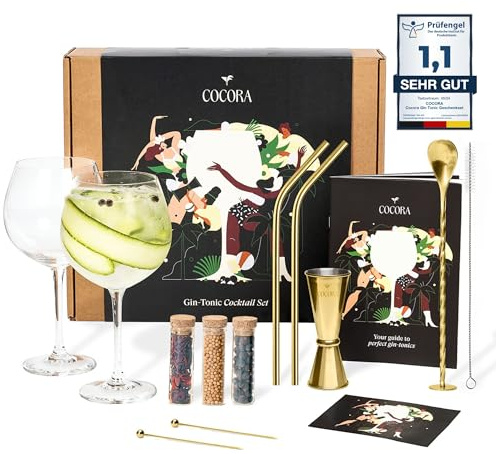 Cocora Gin-Tonic Geschenkset | 11-teiliges Cocktail Set | Gin Zubehör | Gin Tonic Cocktailgläser | Gewürze (Gold)