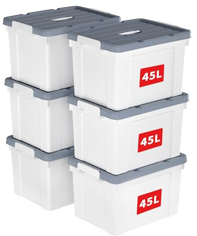 Cetomo 45 L x 6 förvaringslådor, plastförvaringslåda med lock, organiseringsbehållare med handtag och säkra spärrspännen, stapelbar, kapabel, tygkorg för hemmakontor, 45 L-6 pack, vit