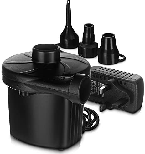 airzzZ 240V Electric Air Pump with 3 Nozzle Sizes – Fast Inflate/Deflate for Air Beds, Inflatables, Camping Mattress, Pool Toys & Paddling Pools – Compact Mains-Powered Pump with UK Plug