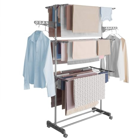 FACILITYS - Etendoir Linge Interieur - Capacité Étendage 16 m, Sechoir a Linge Pliable à roulettes 81 x 139 x 170 cm - Étendoir à Linge en Acier Inoxydable Intérieur, Extérieur - Stable, Solide