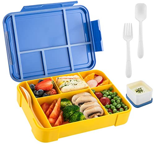 Scatole Bento Per Bambini 1330ml 5 Scomparti Con Posate Contenitori Per Bento Box Lunch Box Per Adulti/Bambini A Prova Di Perdite Microonde/Lavastoviglie/Frigorifero, Senza Bpa (BLU)