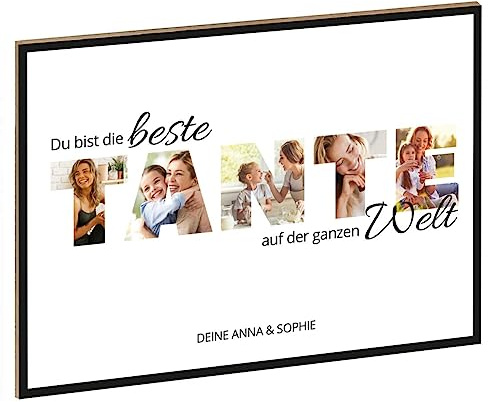 GRAVURZEILE Holzschild mit Foto - Familie Design - Personalisiert mit Namen und eigenen Fotos - Personalisiertes Foto Geschenk zum selbst gestalten für Sie & Ihn - DIN A4 Format - Farbe: Tante