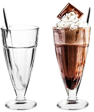 binsakao 2 Pack Milkshake Glass with 2 Long Metal Spoons, Old Fashioned Soda Glasses, Fountain Classic Glass for Ice Cream, Clear, 11oz / 300ml