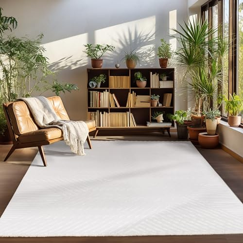 Carpettex Teppich Kurzflor Wohnzimmer Creme Skandinavisch Stil 3D Effekt 160 x 230 cm - Waschbarer Schlafzimmer Küchenteppich Boho Muster Weicher-Flauschiger
