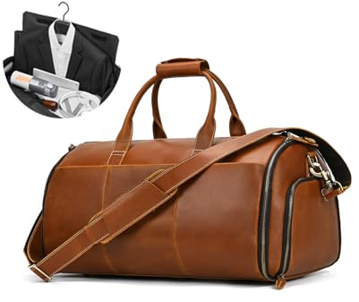 LUUFAN Vollnarbenleder Kleidersack Große Kapazität Reisetasche Business Anzugträger Tasche mit Schuhfach, Overnight Gym Sports Duffel Taschen für Männer Frauen, Hellbraun