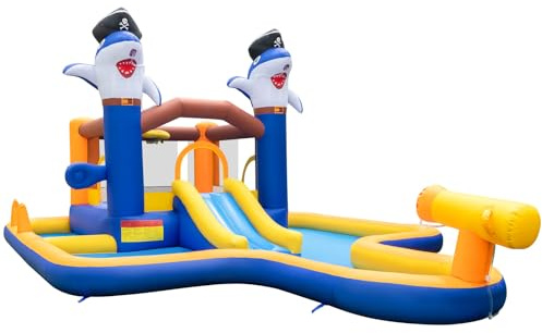 LIFEZEAL Wasserpark, Aufblasbare Burg für 2 Kinder 3-10 Jahre, Wasserspielcenter mit Rutsche, Pool, Trampolin, Kanone, Korb, Haifischform, Komplettset, 408 x 578 x 159 cm (ohne Gebläse)