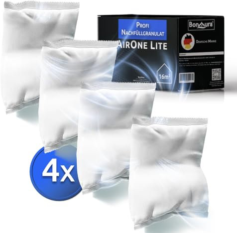 BonAura® AirOne Lite ricarica deumidificatore, set da 4 pezzi, 450 g, deumidificatore granulato, ricarica per bagno e cucina, protezione contro muffa e odori