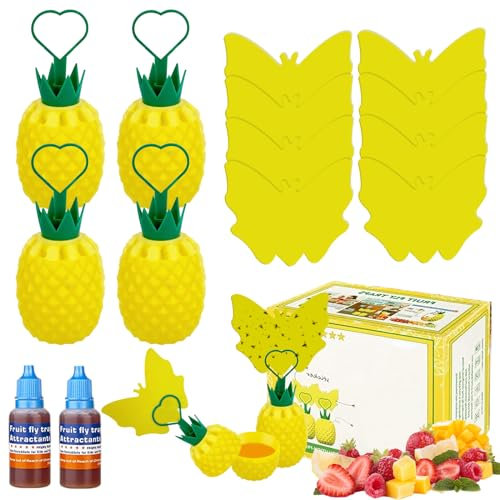 Vegena 4 Stück Fruchtfliegenfalle, Fliegenfalle, Obstfliegenfalle Insektenfalle Lebendfalle Ungiftige Gelbe Klebefalle Mit 2 Lockstoff, 8 Gelbsticker, Fliegen Fänger Für Küche Wohnzimmer Anlage