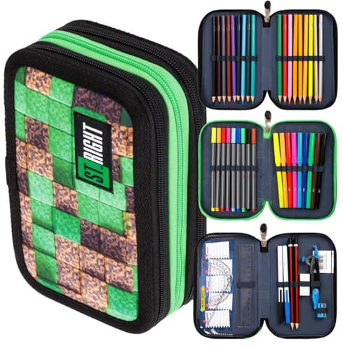 St. Right XXL Federtasche Federmappe Federmäppchen 46-teilig gefüllte Schüleretui 3-stöckig 19 x 13 x 7 cm, 3-Fach Schulstiftetui, dreifaches Federmäppchen Junge Mädchen Pixel Cubes