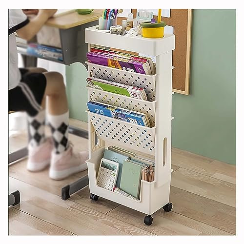 Rollbares Bücherregal, Organizer, 5 Etagen, Bücherregal, Rollwagen, Zeitungsständer, Bücherwagen mit Rädern für Schlafzimmer, Wohnzimmer, Zuhause, Schule, Weiß